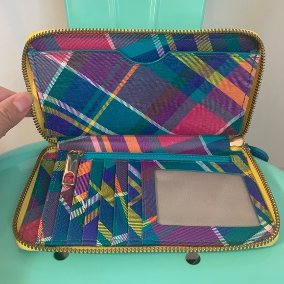 Talbots Bright Yellow & Plaid Saffano Leather Zip Around Wallet With Heart Charm - Picture 3 of 5